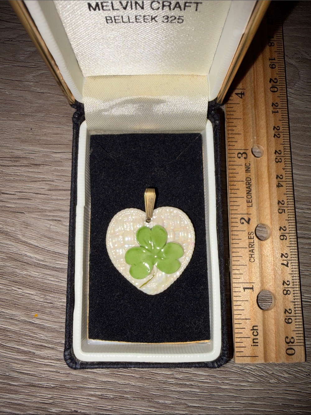 Belleek Cream Heart Pendant with Green Shamrock and Gold Bail